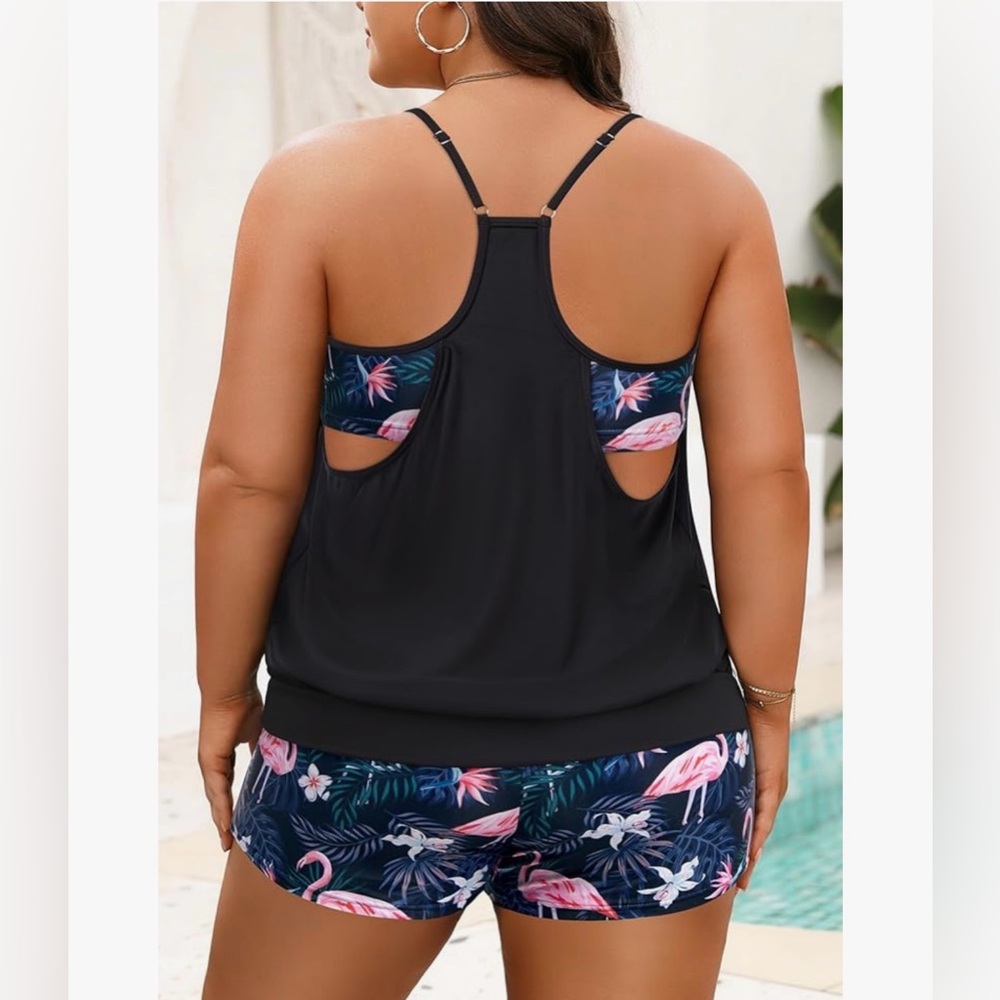 Holipick Flamingo Swimsuit Two Piece Tummy Control Tankini Boy Shorts 16W NWT - Picture 2 of 8